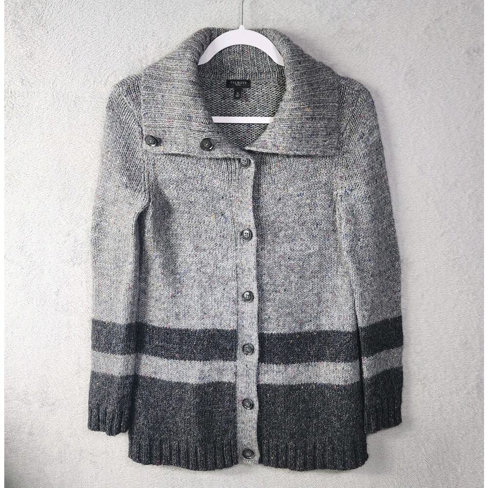 Talbots Wool Blend Cardigan Sweater Grey Stripe Button Front Womens Small Petite